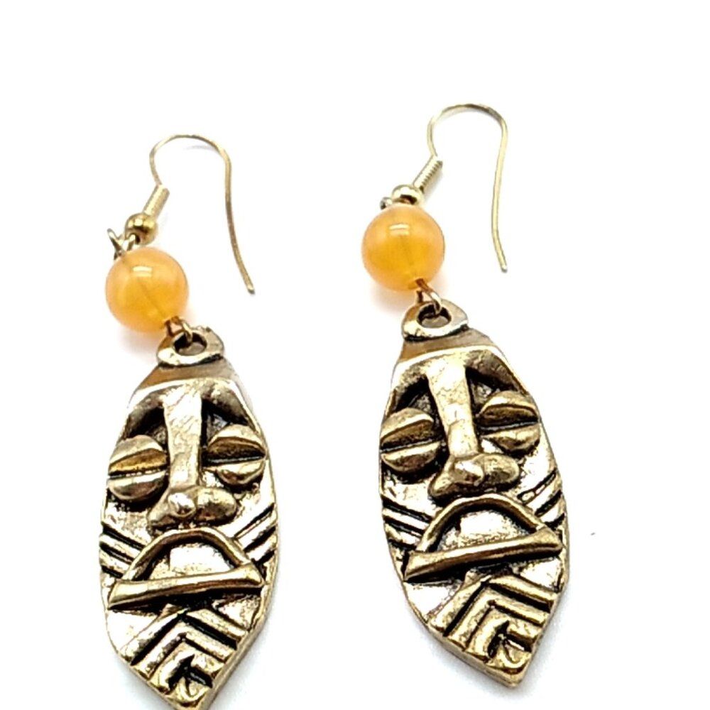 Ethnic Tribal Face-Mask Gold-Tone Earrings With Amber Acrylic Bead
